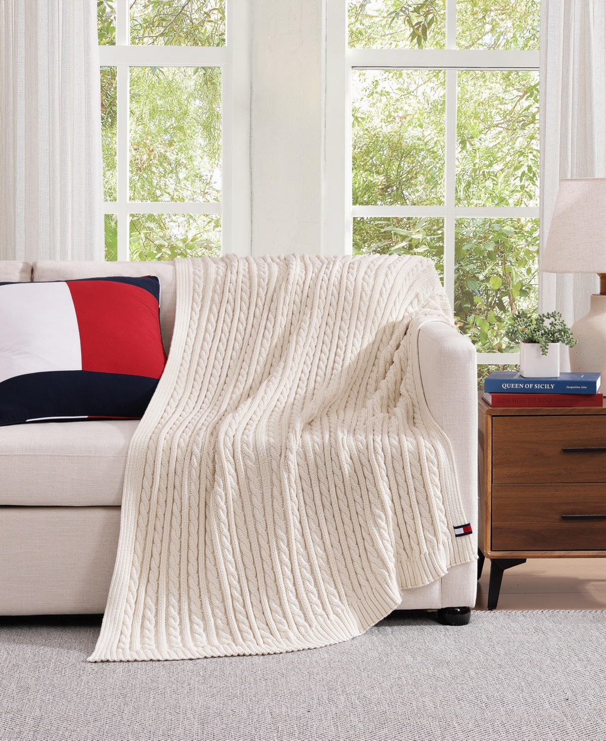 Tommy Hilfiger Solid Cotton Cable Knit Throw Blanket, 70" X 50" In Neutral