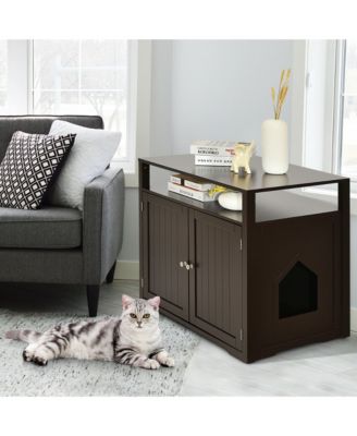Wooden Cat Litter Box Enclosure Hidden Cat Washroom w/ Storage Layer