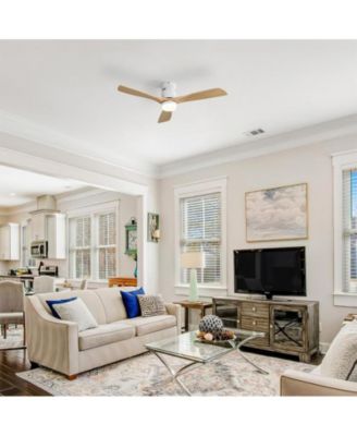 52-inch Modern White 3 Solid Wood Blades Flush Mount Tri color Adjustable Ceiling Fan Light with Remote Control and Forward Reverse Rotation Function