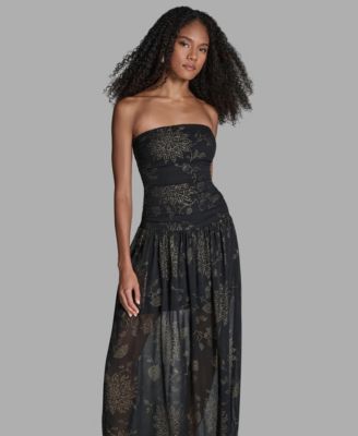 Women's Foil Pleated Strapless Maxi Dress