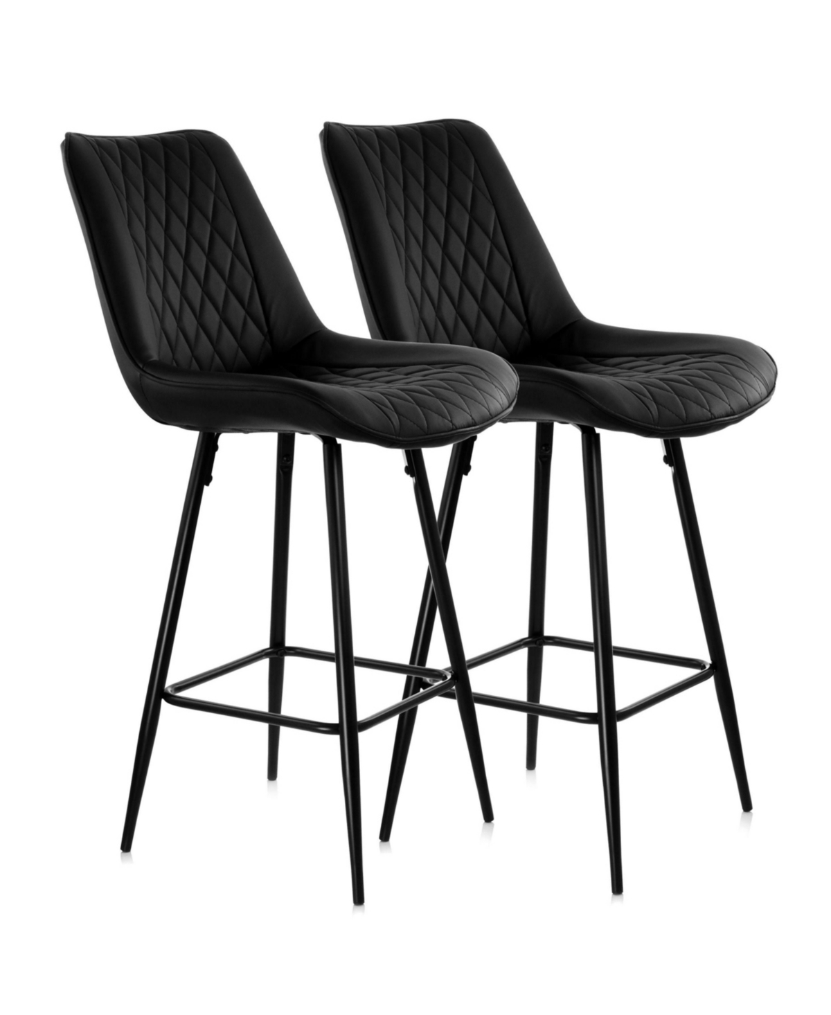 Elama 2 Piece Diamond Stitched Faux Leather Bar Chair in Black with Metal Legs