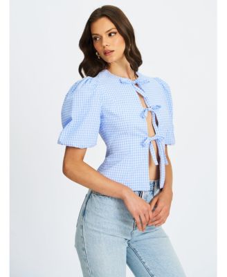 Women's Qusayla Baby Blue Gingham Bubble Sleeve Bowtie Top