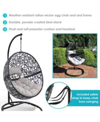 Outdoor Resin Wicker Jackson Hanging Basket Egg Chair Swing with Cushions, Headrest, and Steel Stand Set - 3pc
