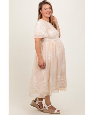 Plus Size Cream Embroidered Smocked Midi Dress
