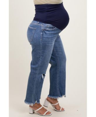 Maternity Blue Distressed Open Knee Relaxed Straight Leg Maternity Plus Jeans