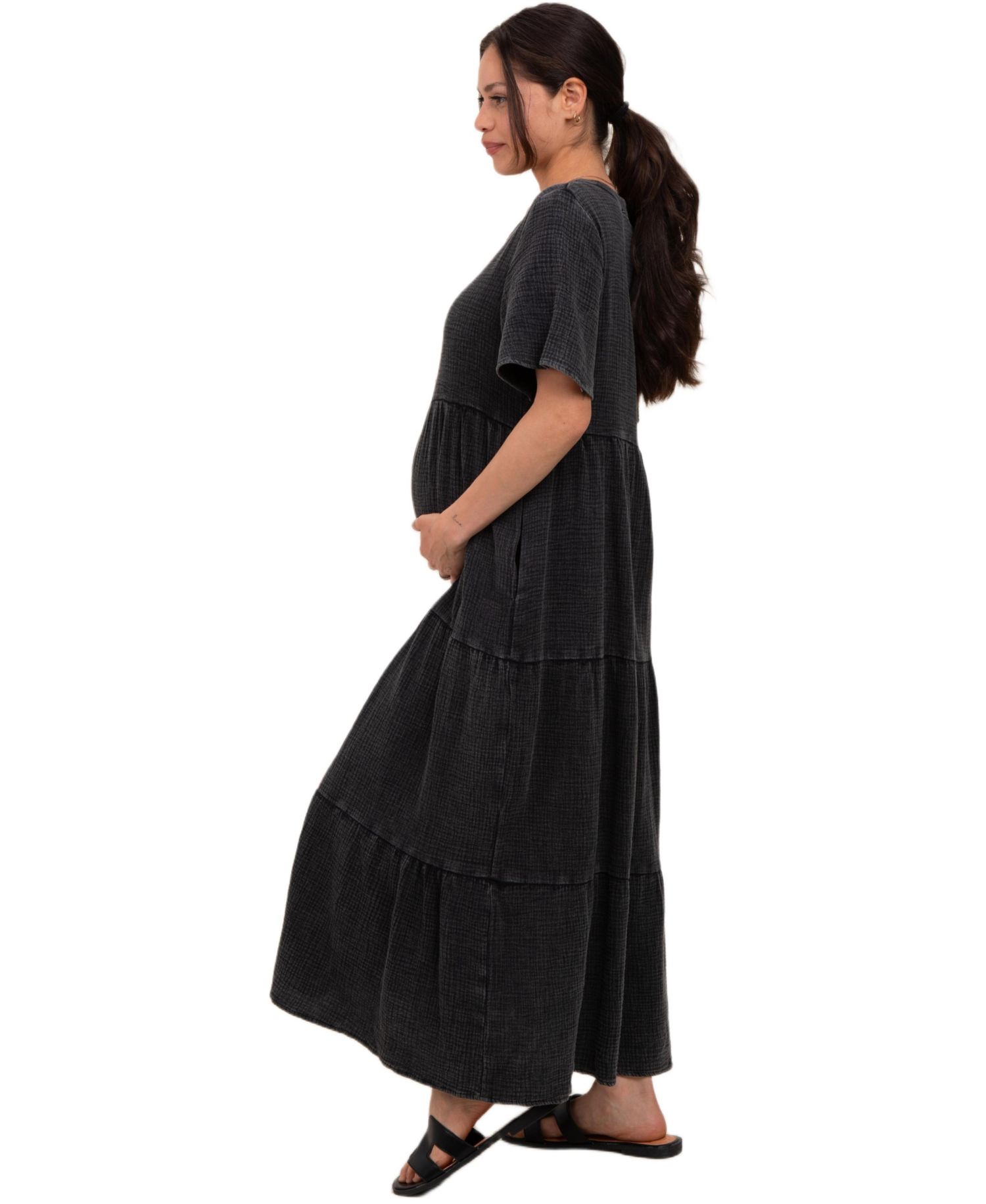 Women's Black Button Front Tiered Maxi Dress