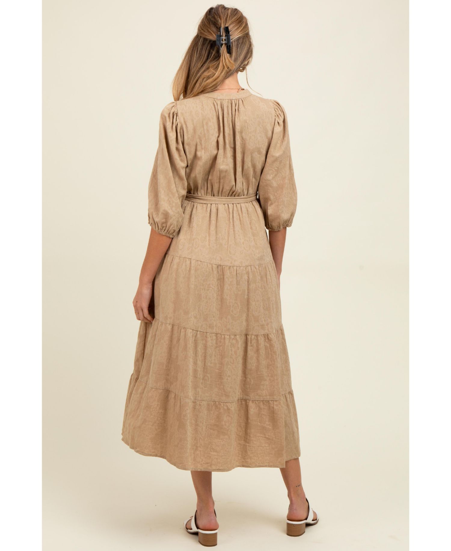 Women's Forest Green Floral Jacquard Button Front Tiered Dress