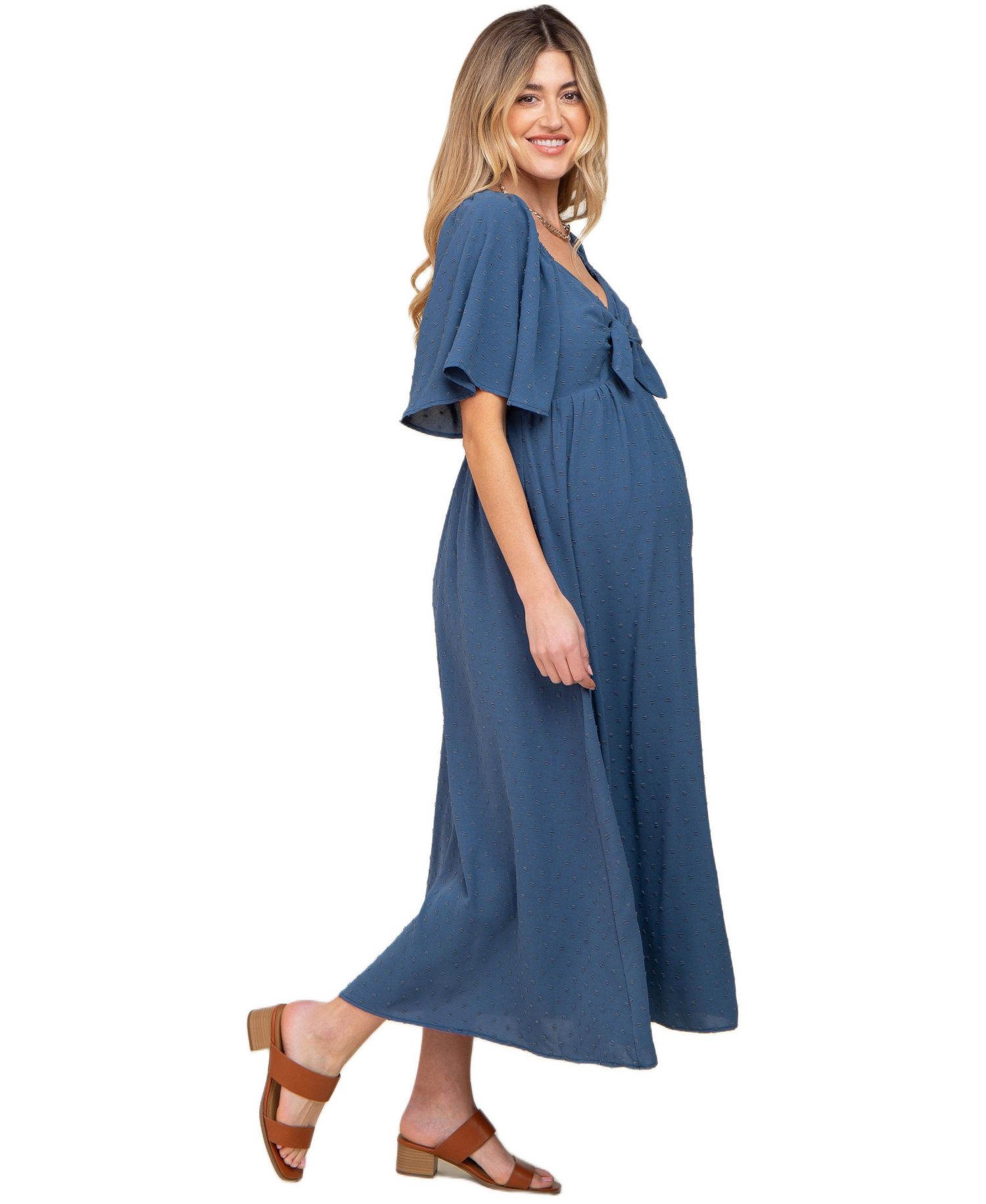 Women's Navy Blue Textured Dot Front Tie Ruffle Sleeve Midi Dress