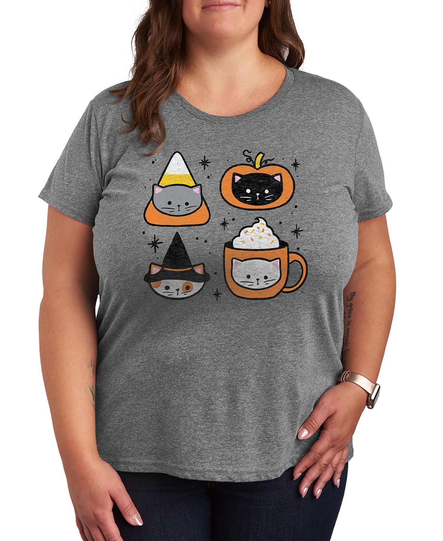 Plus Size Halloween Cats Women's Short Sleeve Graphic T-shirts