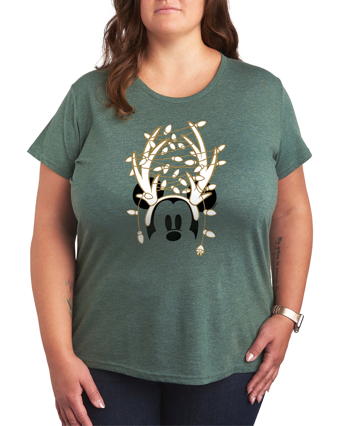 Disney Mickey Mouse Antlers ans Christmas Lights Women's Short Sleeve Graphic T-shirts