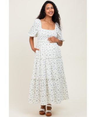 Maternity Blue Floral Smocked Ruffle Tiered Maxi Dress