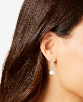 Cubic Zirconia & Imitation Pearl Sterling Silver Hoop Earrings