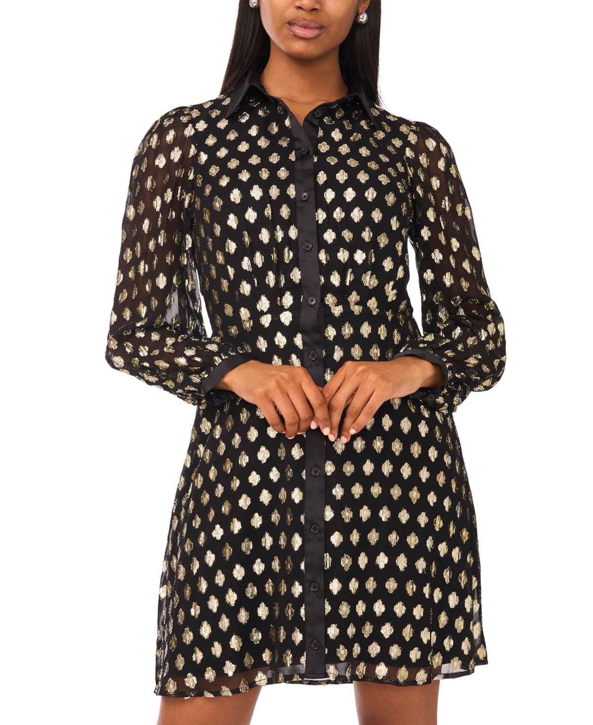 Msk Women's Long Sleeve Printed Button Down Dress In Black