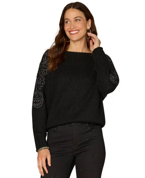 Petite Long Sleeve Boat Neck Sweater - Black
