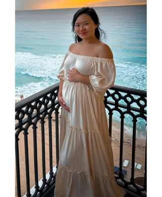 Cream Off Shoulder Ruffle Tiered Maternity Maxi Dress