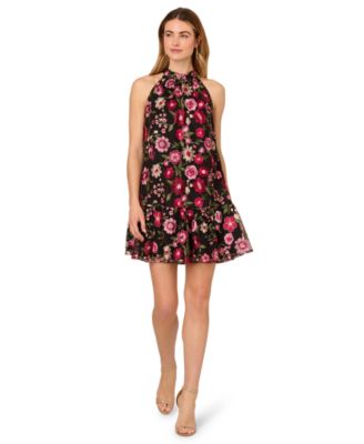 Adrianna Papell - Women's Halter Neck Embroidered Short Dress