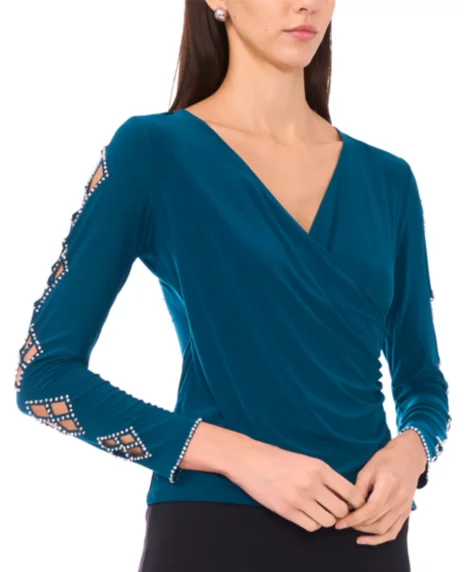 Petite Faraj Long Sleeves Faux Wrap Top - Neo Emerald