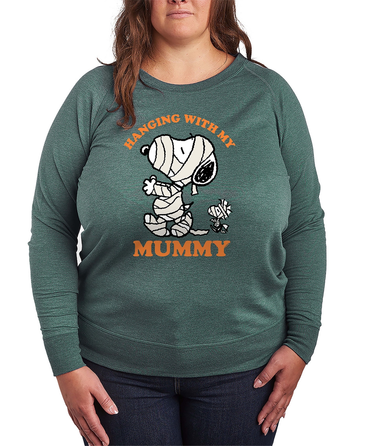 Hybrid Apparel Halloween Woodstock And Snoopy Mummy Women's French Terry Long Sleeve Shirt In Green