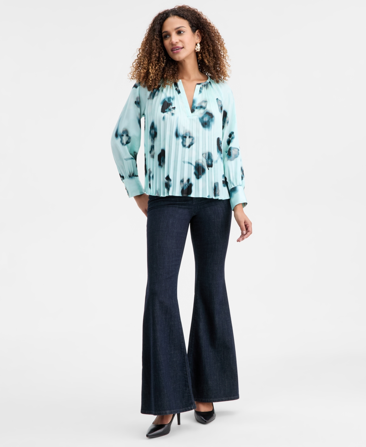 Inc International Concepts I.n.c. Concepts Women's Printed Pleated Split-neck Blouse, Macy's Exclusive In Blue