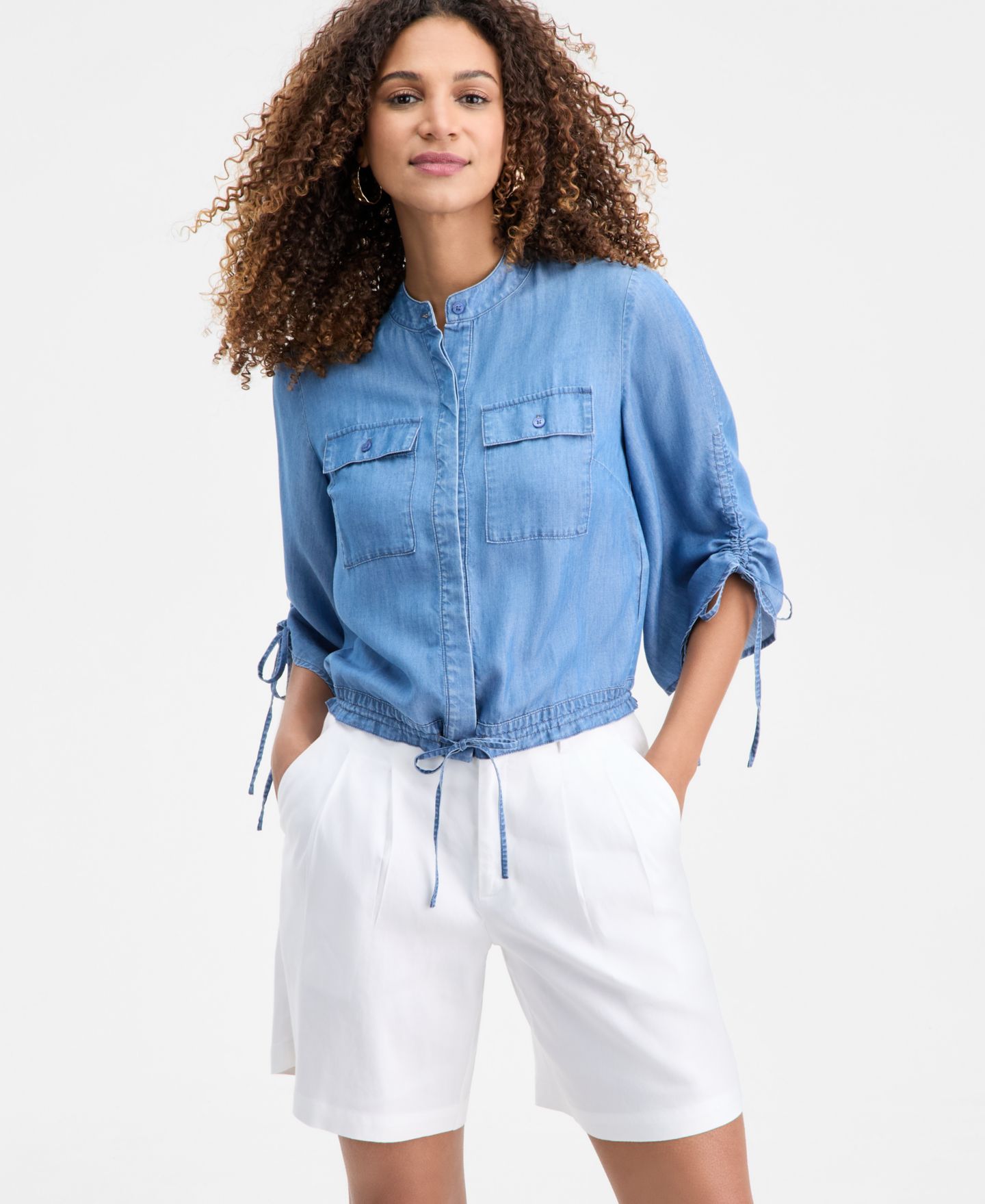 Женская блузка I.N.C. International Concepts Tie Detail Button-Front Blouse, цвет: Средний индиго — фото 1