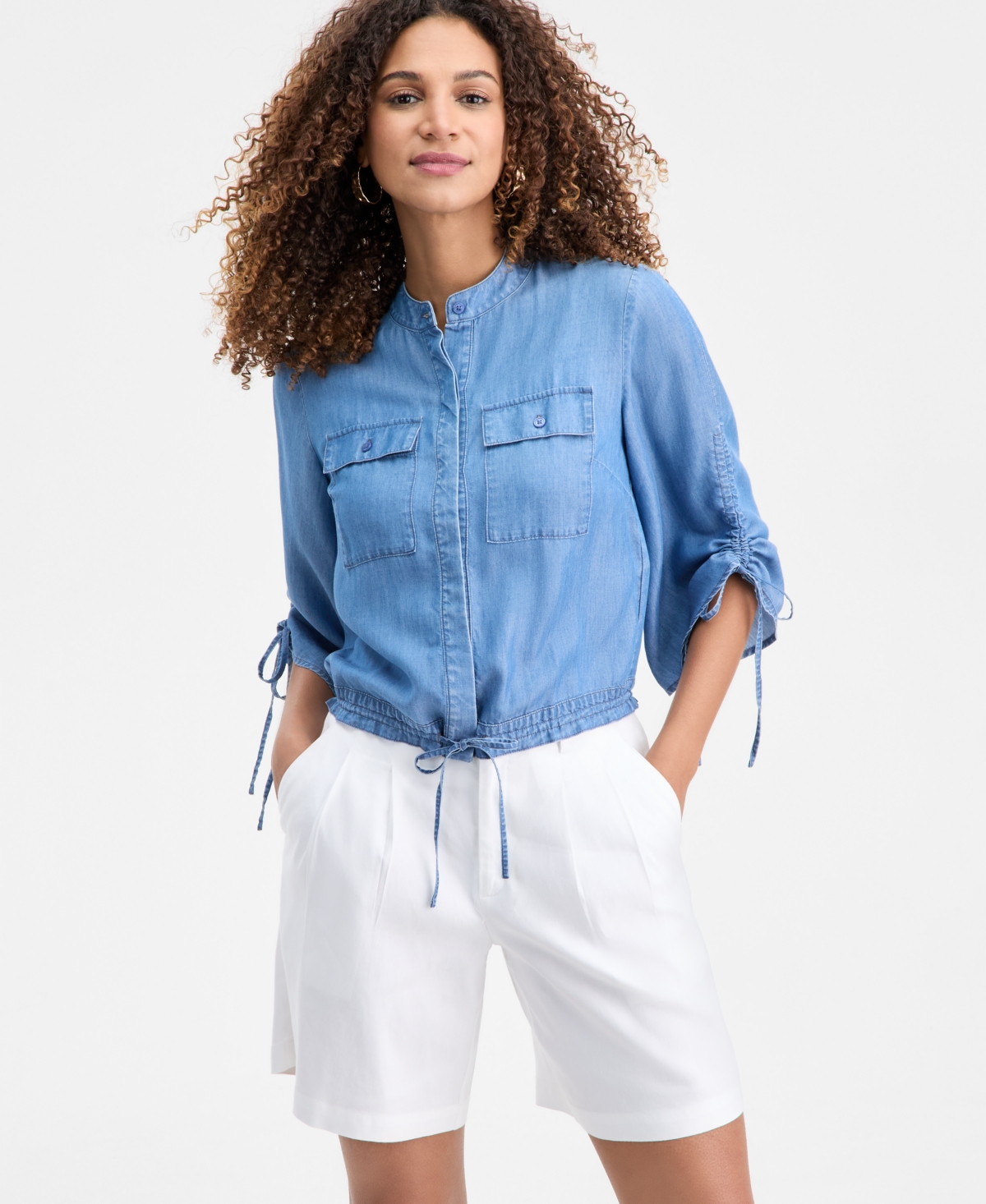 Inc International Concepts Women's Chambray Tie-sleeve Pocket Blouse, Macy's Exclusive In Blue