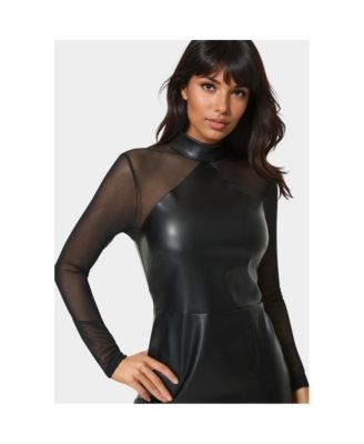 Womens Faux Leather and Mesh Mock Neck Mini Dress