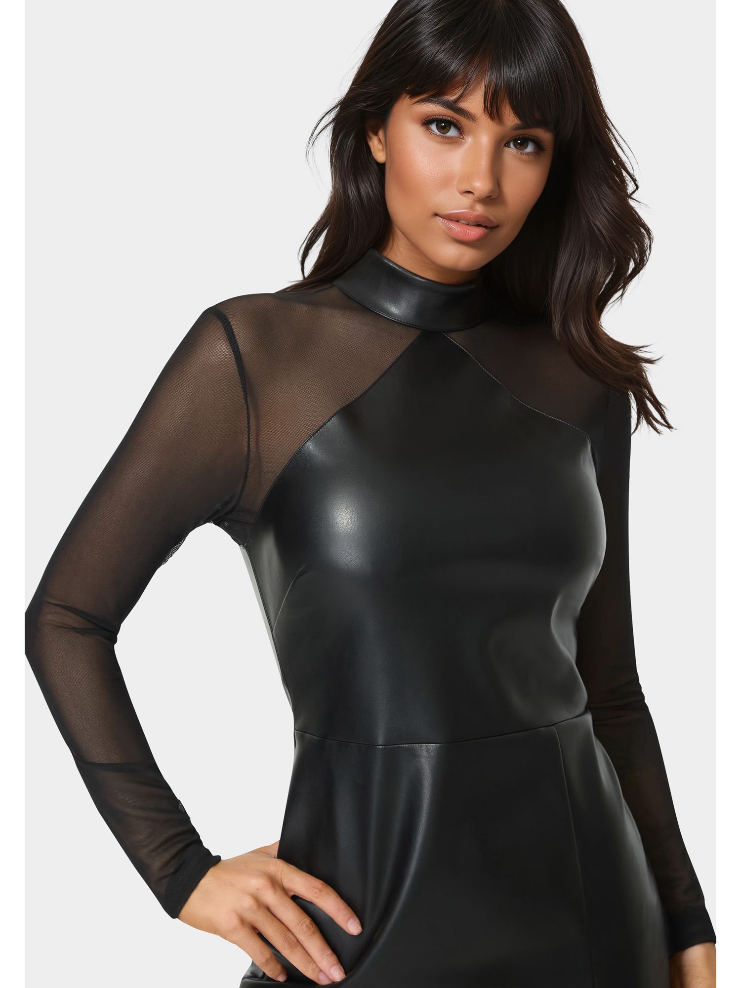 Womens Faux Leather and Mesh Mock Neck Mini Dress