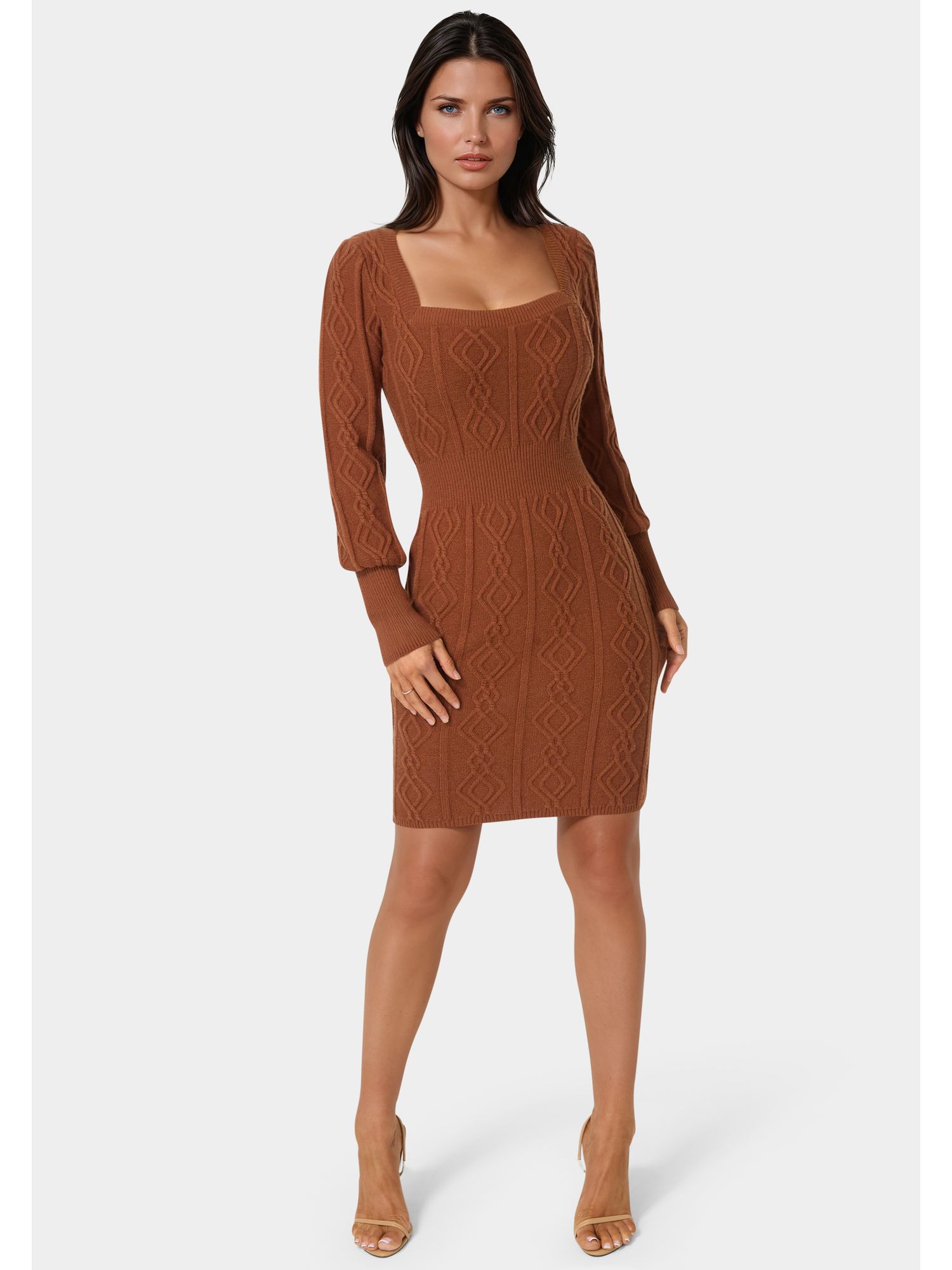 Women's Square Neck Long Sleeve Cable Sweater Dress