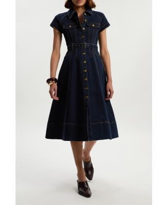 Women's Button Up Belted Denim Midi Dress
