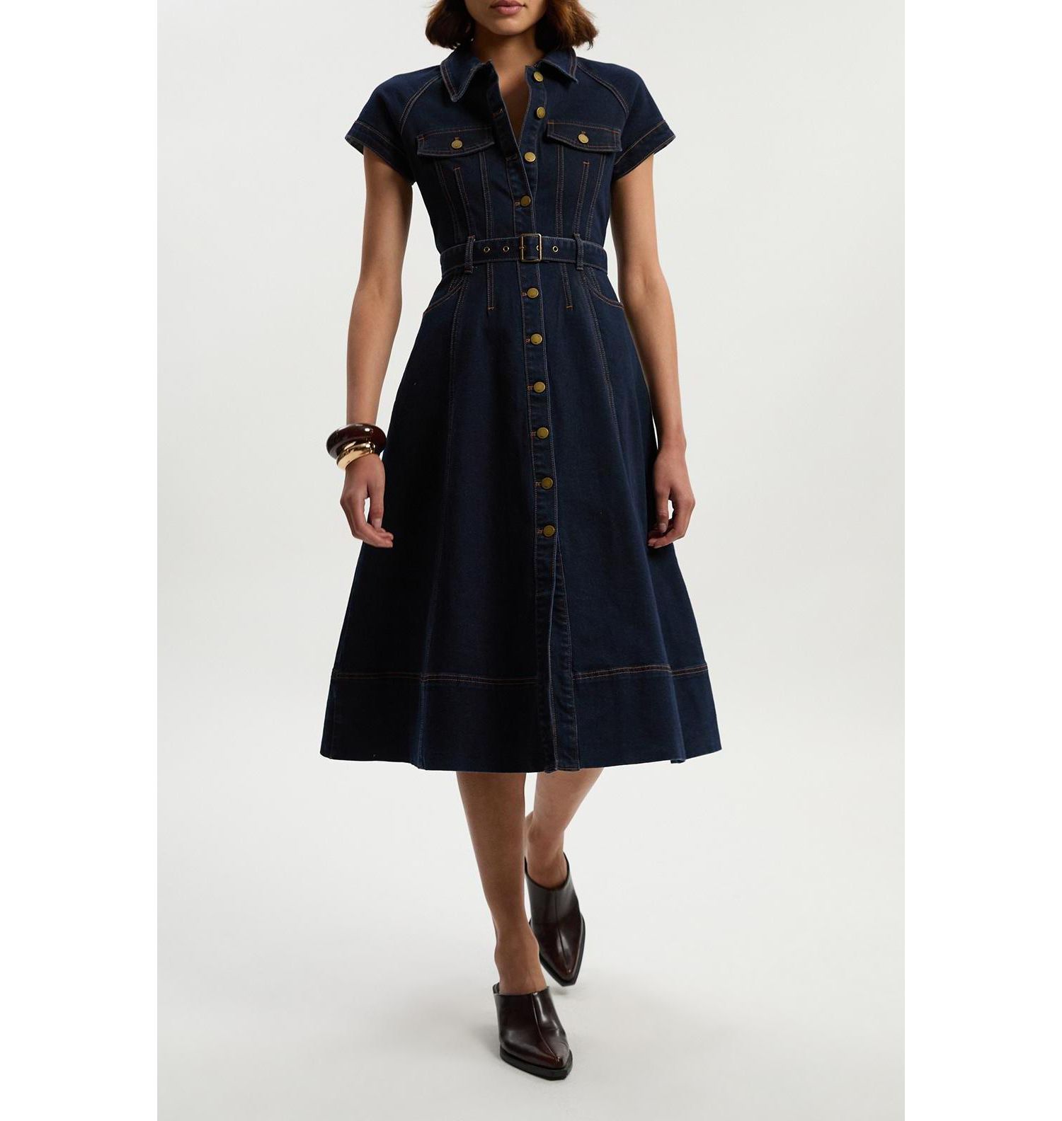 Women's Button Up Belted Denim Midi Dress