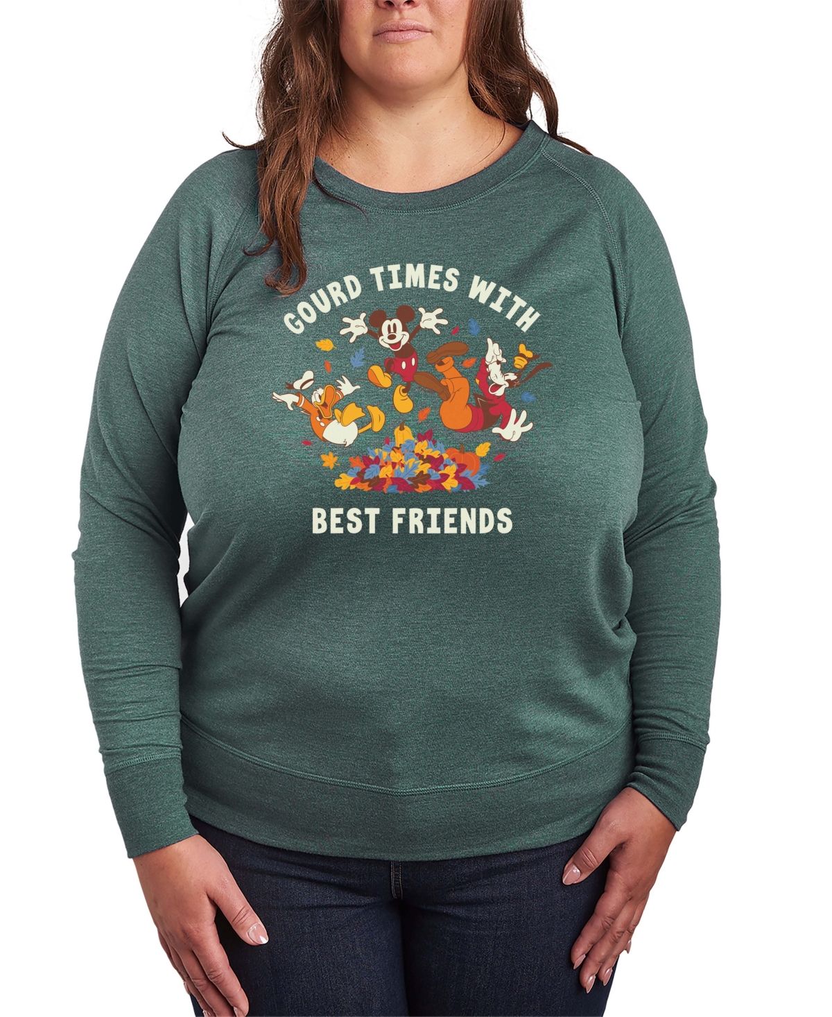 Hybrid Apparel Disney Fall Mickey And Friends Gourd Times Women's French Terry Long Sleeve Shirt In Green