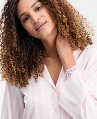 Women's Long-Sleeve Lace Trim Boxy Satin Notch Set