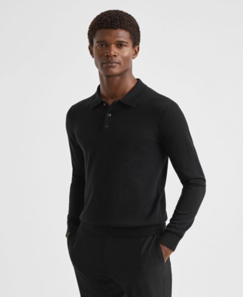 Мужское поло REISS Trafford Merino Wool Polo Shirt, цвет: Чёрный
