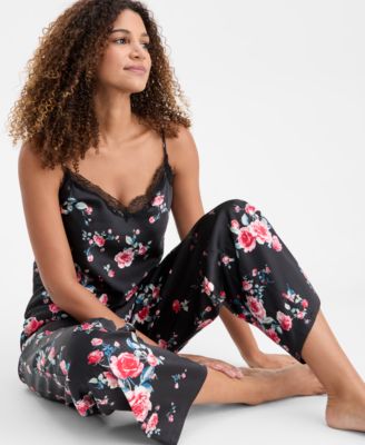 Women's Stretch Satin Lace-Trim Top & Pajama Pants Set