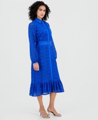Women's Cotton Belted Lace Midi Dress