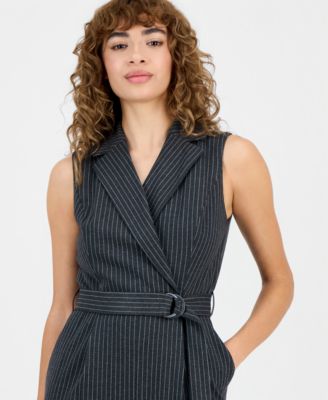 Women's Pinstriped Notched Collar Jumpsuit