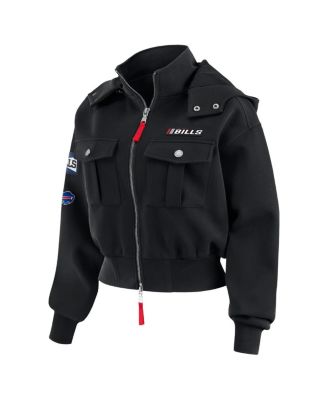 Women's Black Buffalo Bills Tri-Blend Patch Pocket Cropped Full-Zip Bomber Hoodie Jacket