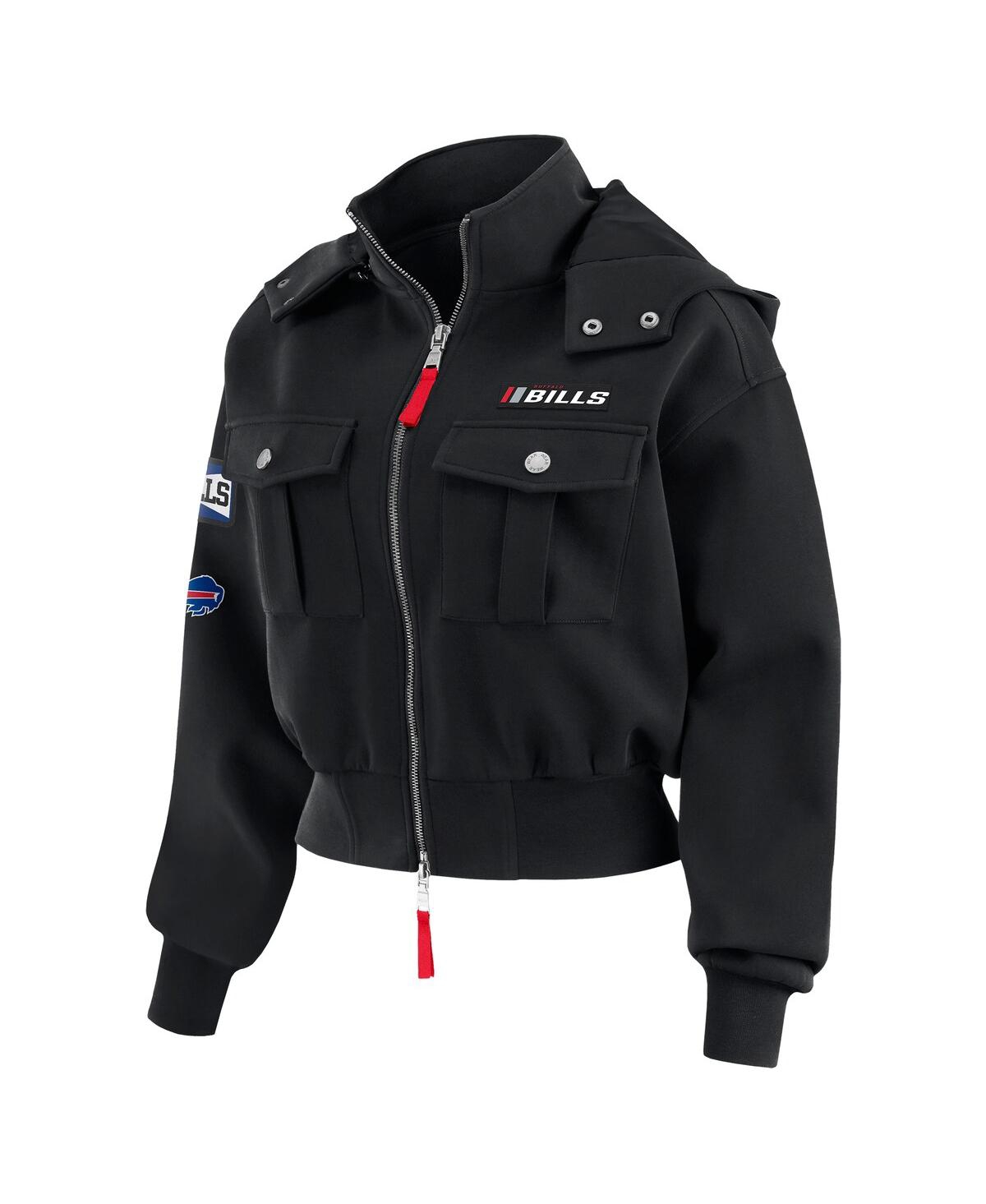 Wear By Erin Andrews Women's Black Buffalo Bills Tri-blend Patch Pocket Cropped Full-zip Bomber Hoodie Jacket In Black