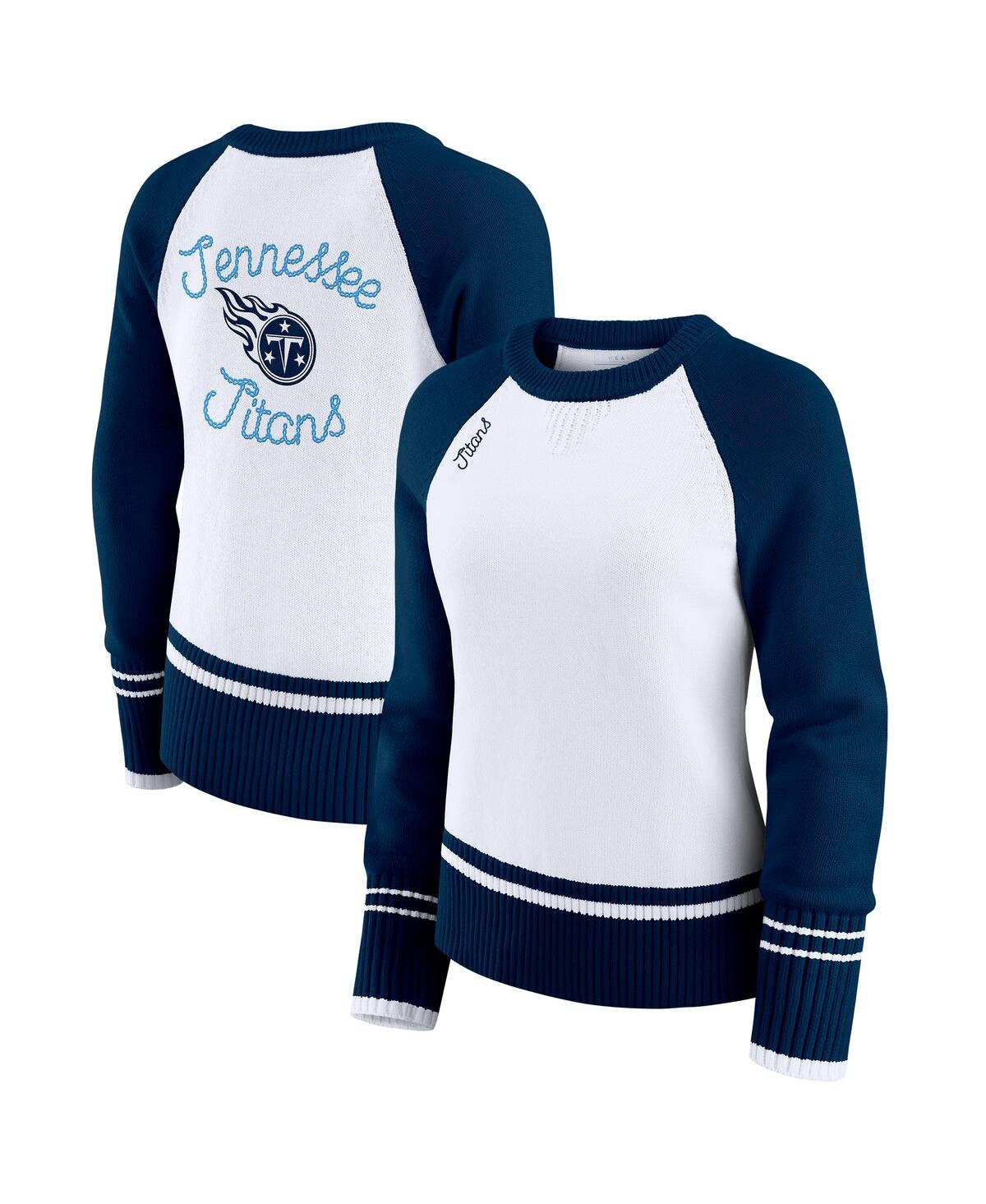 Wear By Erin Andrews Women's White/navy Tennessee Titans Color Block Raglan Sweater In Blue