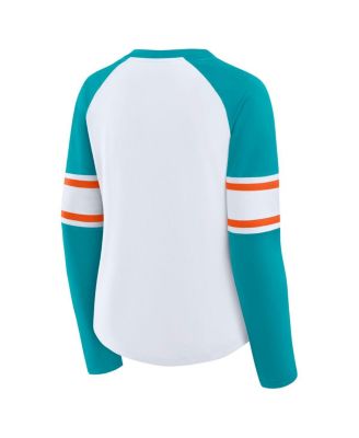 Women's White/Aqua Miami Dolphins Redzone Blitz Package Raglan Lace-Up V-Neck Long Sleeve T-Shirt