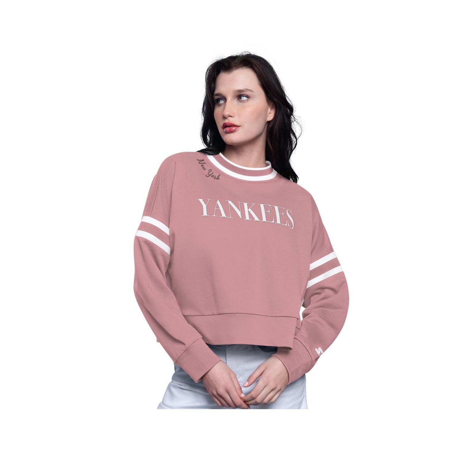 Women's Pink New York Yankees Power Play Cropped Pullover Sweatshirt