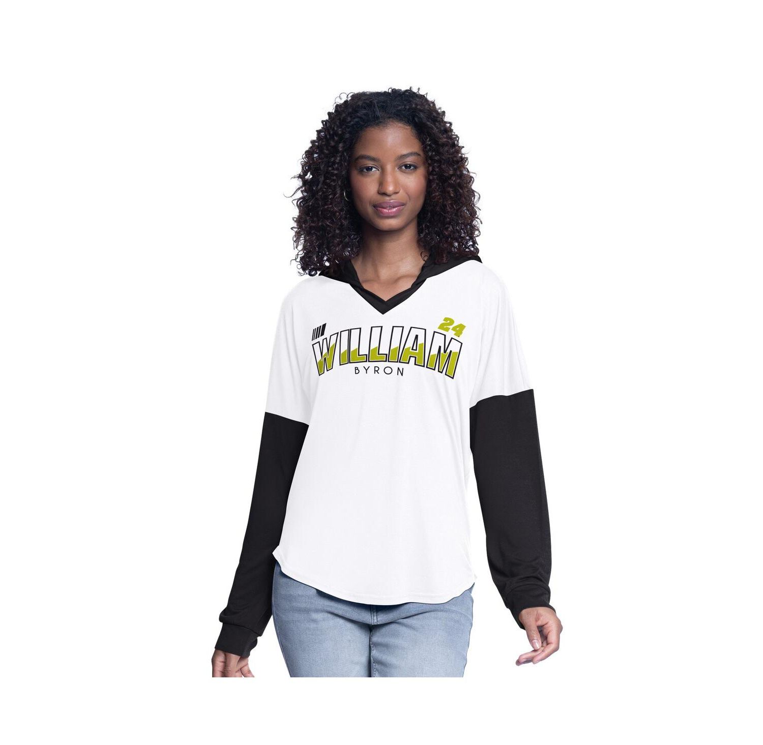 Women's White/Black William Byron Bench Player Oversized Long Sleeve Hoodie V-Neck T-Shirt