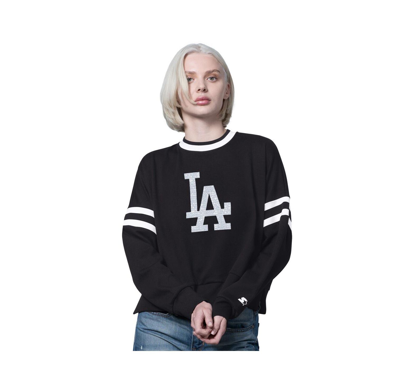 Women's Black/Cream Los Angeles Dodgers Rally Cropped Drop Shoulder Crewneck Sweatshirt