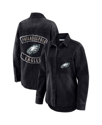 WEAR by Erin Andrews - Women's Black Philadelphia Eagles Washed Oversized Denim Full-Snap Shacket
