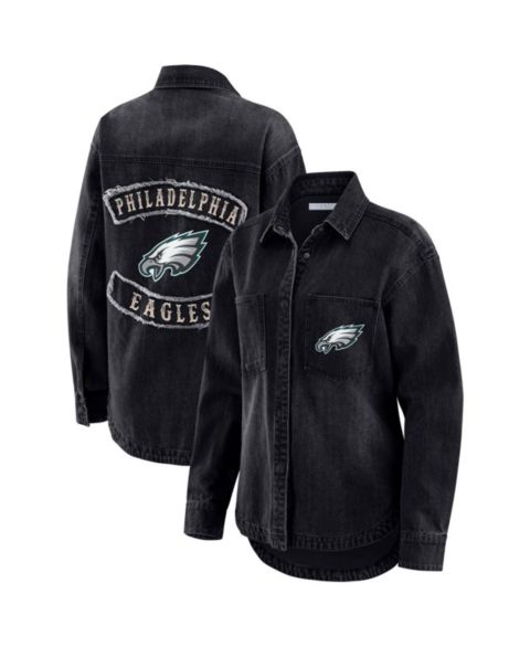 Женские куртки WEAR by Erin Andrews Women's Black Philadelphia Eagles Washed Oversized Denim Full-Snap Shacket