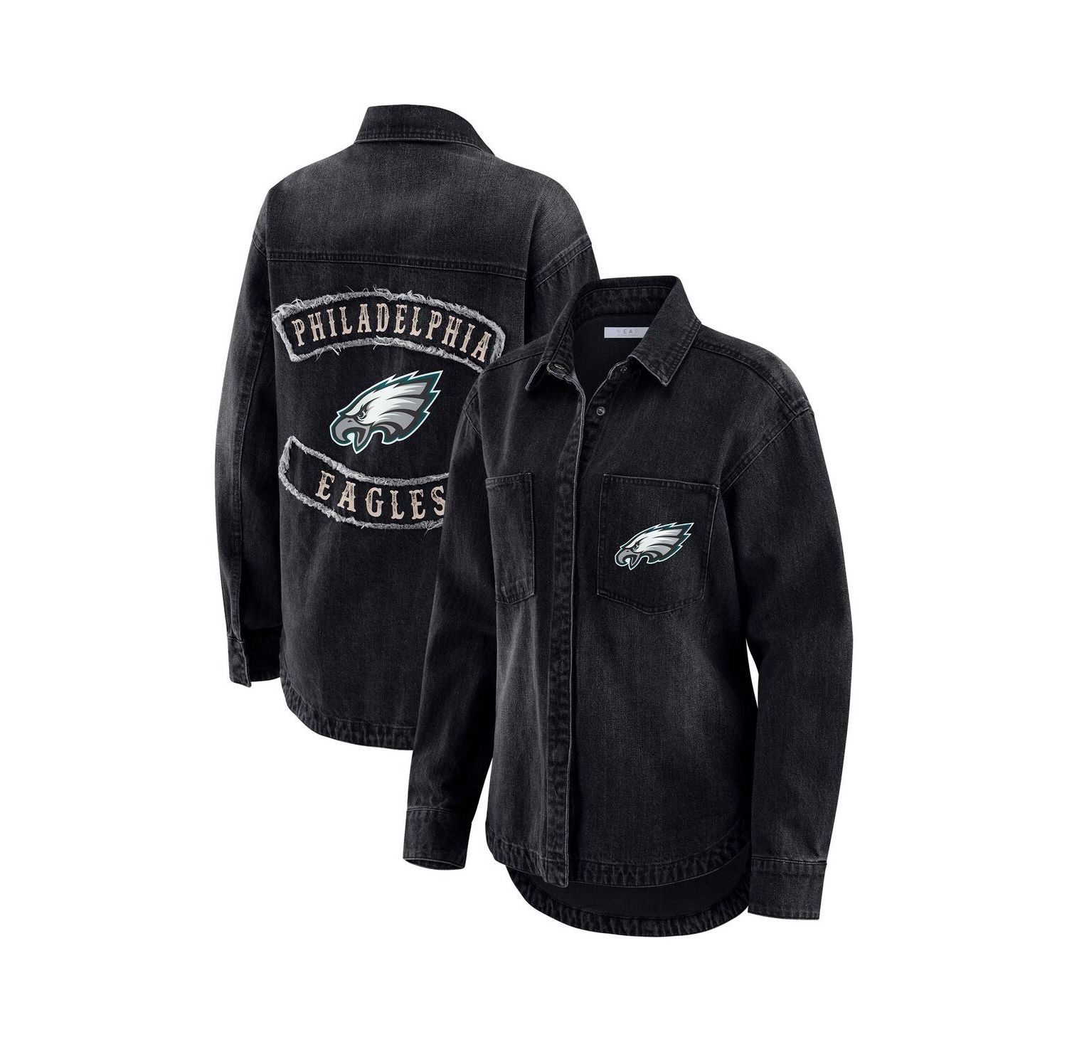 Women's Black Philadelphia Eagles Washed Oversized Denim Full-Snap Shacket