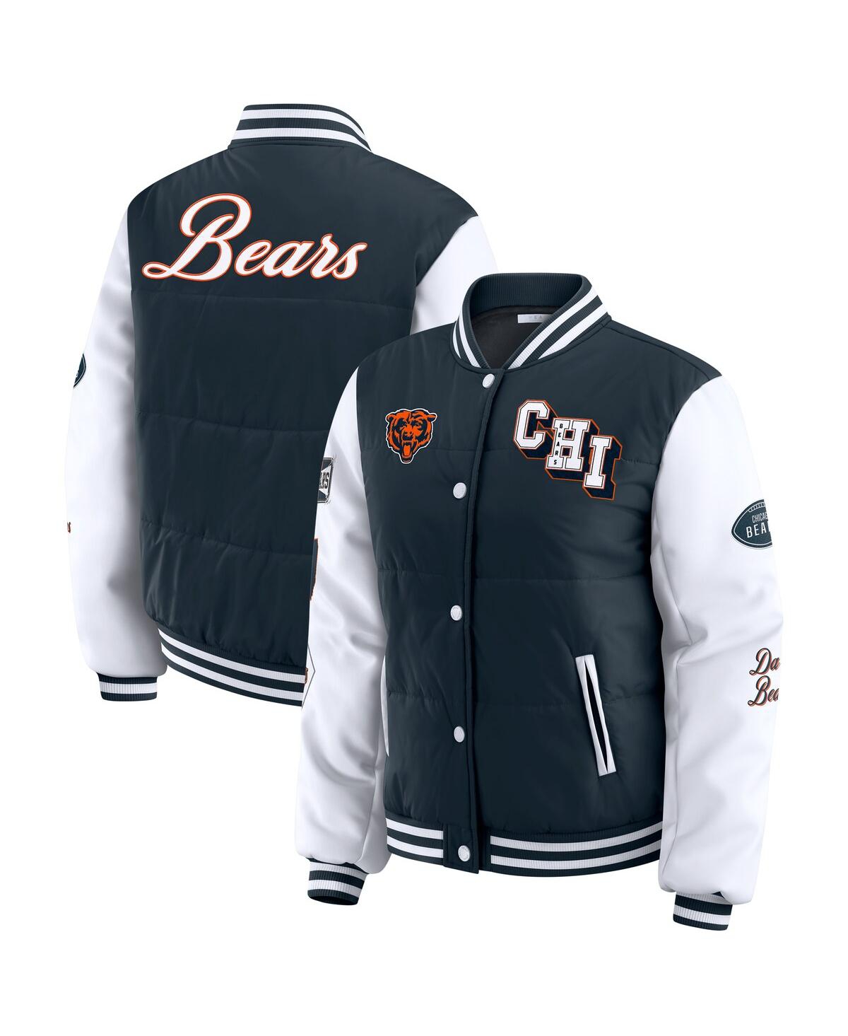Wear By Erin Andrews Women's Navy Chicago Bears Varsity Full-snap Puffer Jacket In Blue