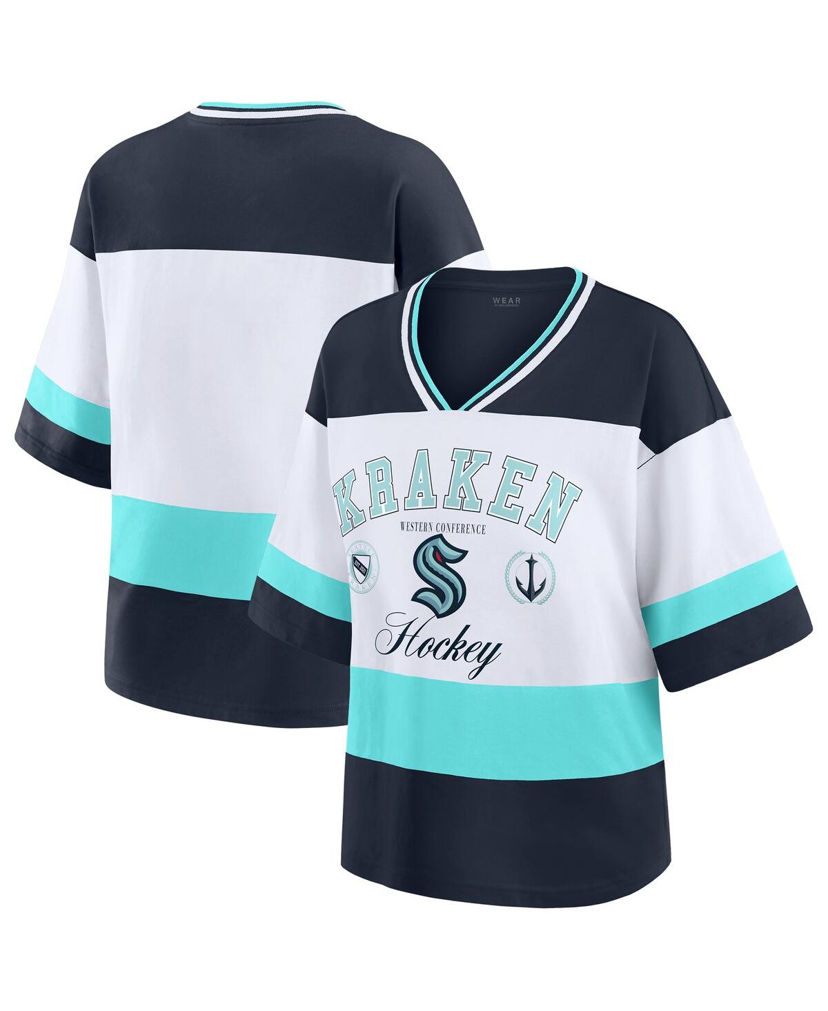 Wear By Erin Andrews Women's Deep Sea Black/white Seattle Kraken Football T-shirt In Multi