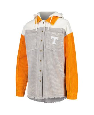 Women's Gray Distressed Tennessee Volunteers Vintage-Like Wash Corduroy Full-Snap Hooded Shacket