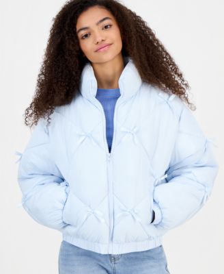 Juniors' Diamond Quilted Bow Puffer Jacket